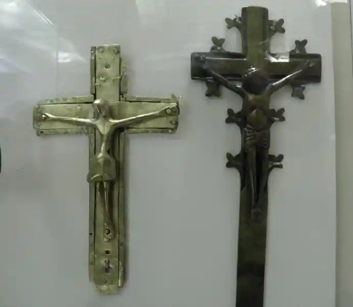 Copper alloy altar cross, two crucifixes, Christian cross